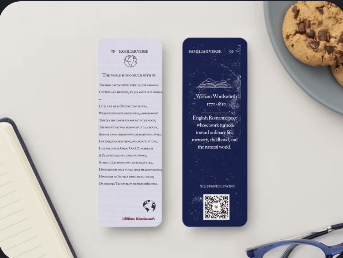 Front and reverse of a Familiar Verse bookmark featuring William Wordsworth.