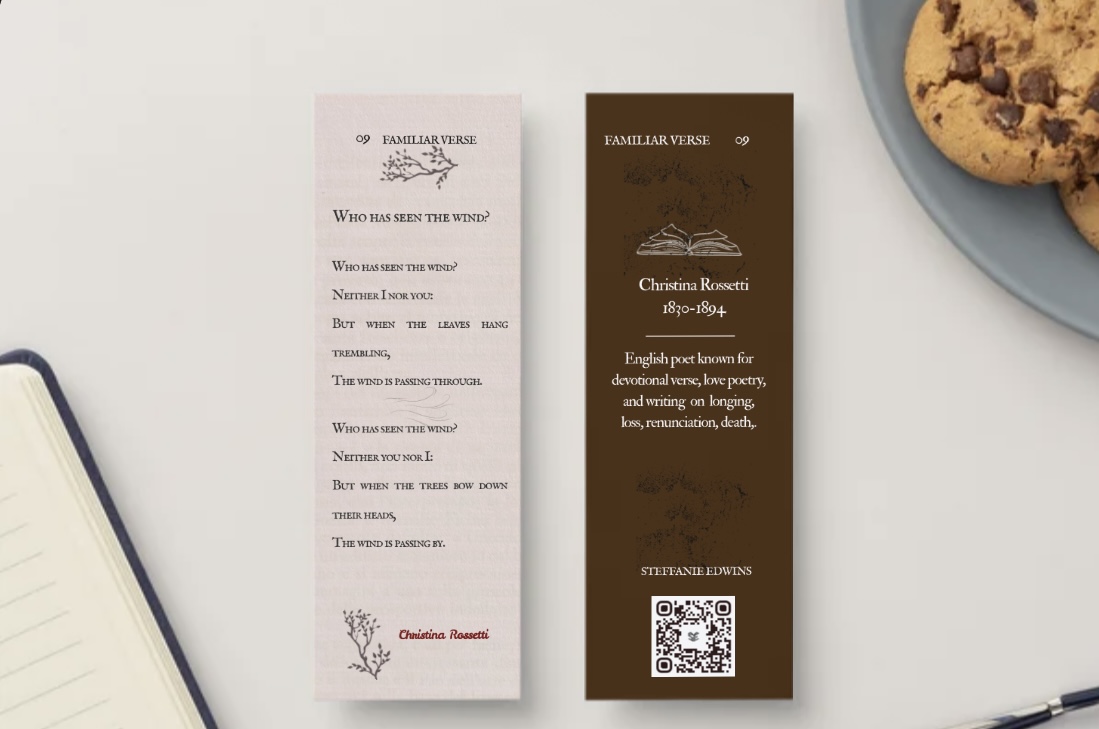 Front and reverse of a Familiar Verse bookmark featuring Christina Rossetti.